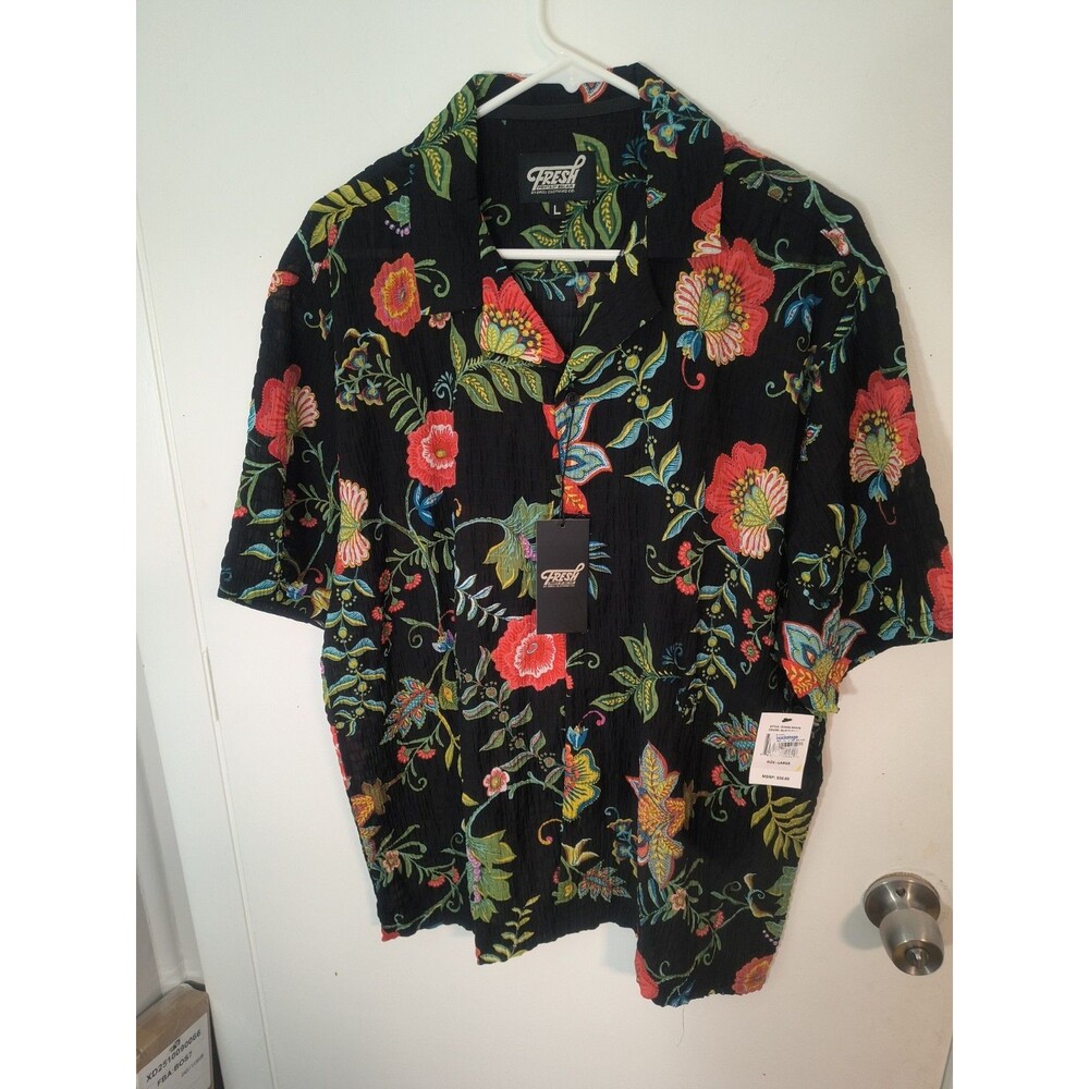 Fresh Prints of Bel-Air Men's Large Black Hawaiian Print SS Shirt NWT Searsucker